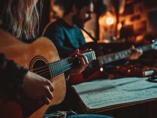 Fototapeta premium Musicians Playing Acoustic Guitars in Cozy Indoor Setting