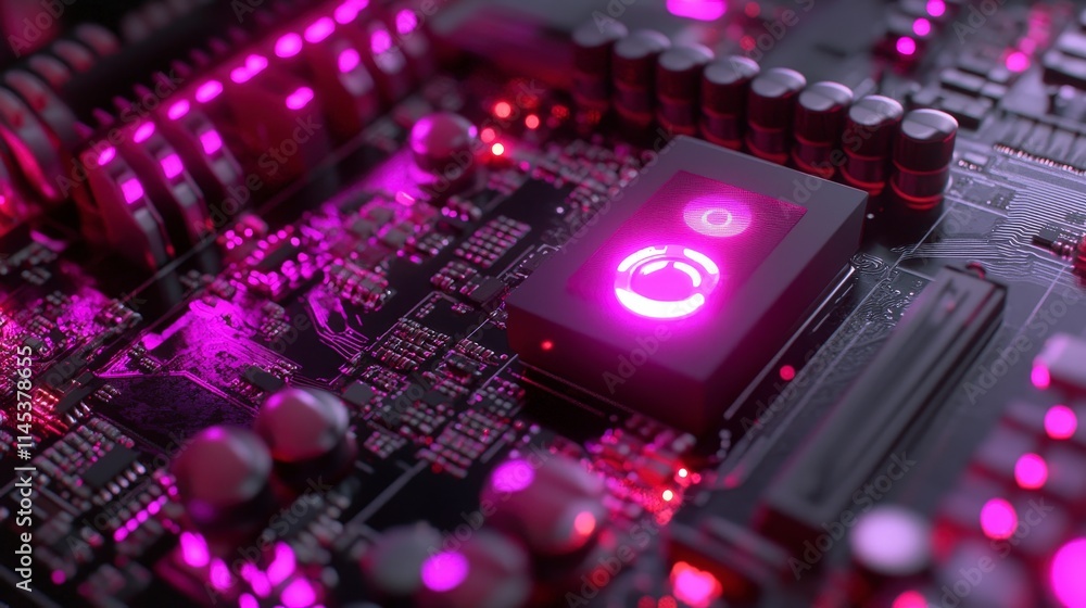 Poster close-up of a futuristic circuit board with glowing pink components and a central processing unit fe