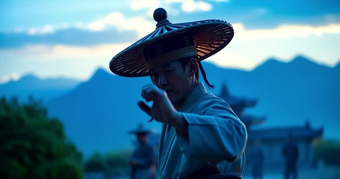 Warm golden hour light, cool color palette of blues, greens, and purples, soft light just after sunrise or before sunset illuminating a Far East Martial Arts scene. 02.
