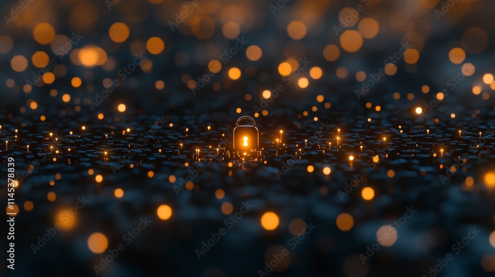 Poster a glowing padlock stands amidst a dark field of tiny illuminated points. blurred orange lights creat