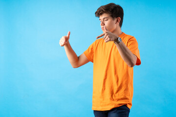 Young person expressing various emotions and body pains, pointing, using a cellphone, with colored...