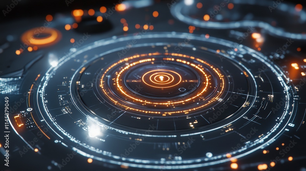 Poster a futuristic circular hud display with glowing orange rings and intricate details. the center featur