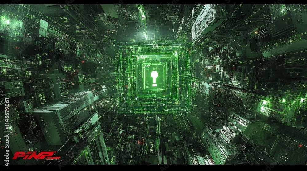 Poster a futuristic cityscape with towering structures interconnected by green circuitry. a bright keyhole 
