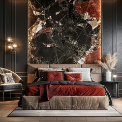 Modern bedroom interior with a black and gold marble accent wall. a plush bed with red velvet bedding and a comfortable armchair