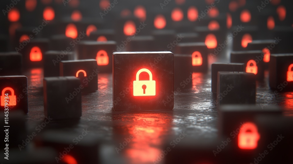 Poster dark cubes with glowing red lock icons symbolize cybersecurity threats and data breaches in a networ
