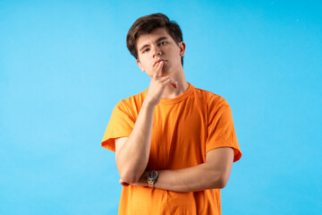 Young person expressing various emotions and body pains, pointing, using a cellphone, with colored...