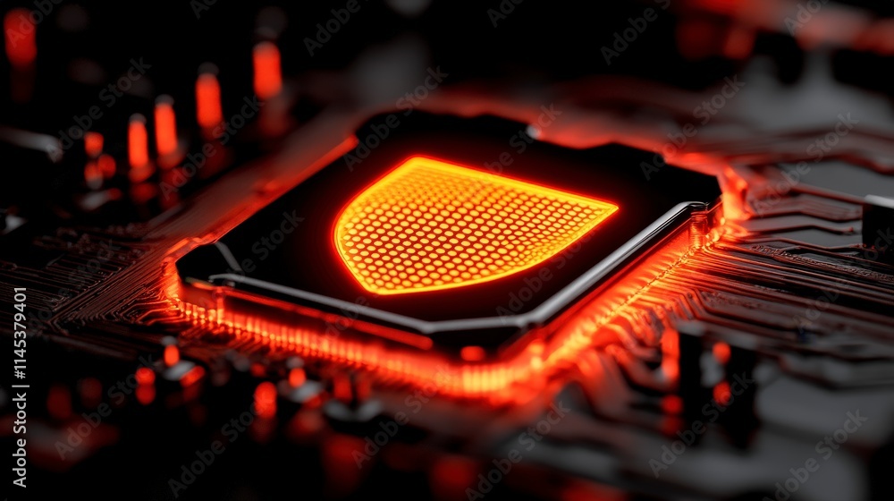 Poster a close-up of a computer chip with a glowing orange shield icon symbolizing cybersecurity and data p