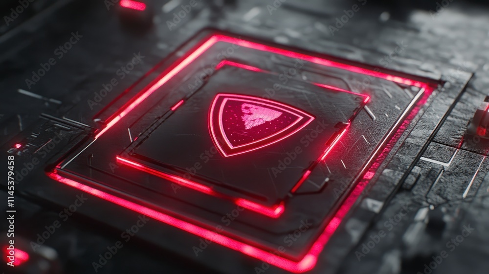 Aufkleber a futuristic dark metallic surface with glowing red neon lights framing a shield icon with a pixelat