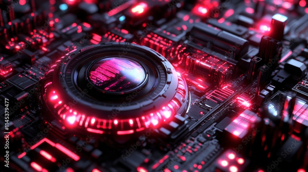Poster a close-up of a futuristic cyberpunk circuit board with glowing red lights and a central circular co