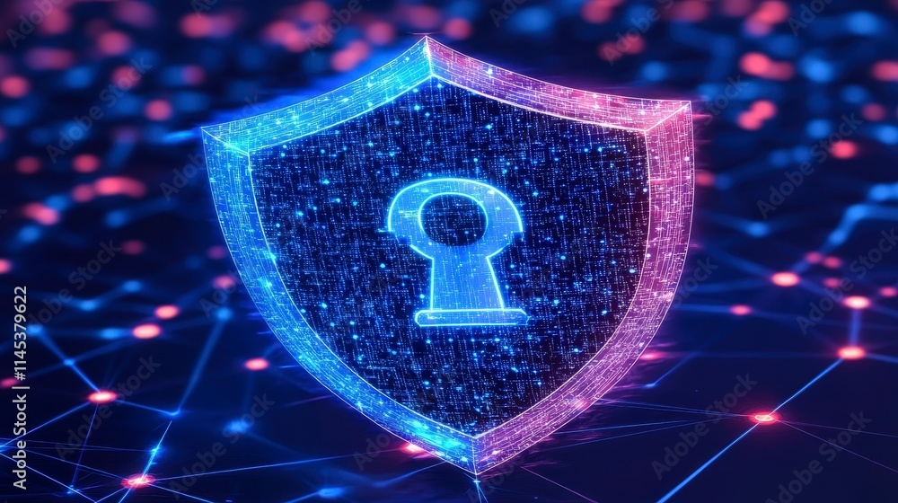 Poster a futuristic digital shield with a keyhole symbolizes cybersecurity and data protection in a network
