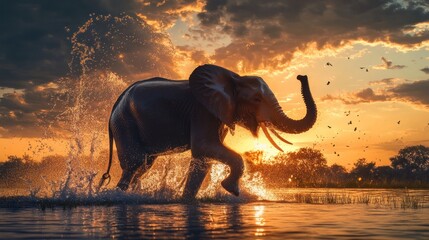 Naklejka premium Majestic elephant running through water at sunset.