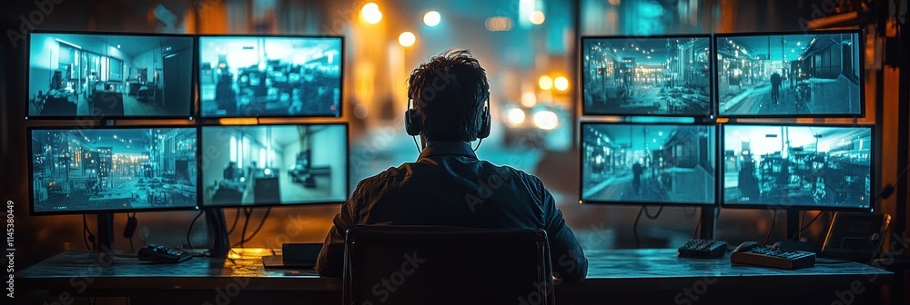 Poster security guard monitoring multiple screens displaying surveillance footage at night.