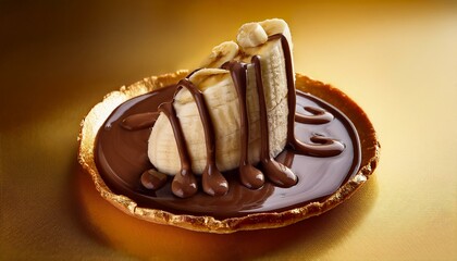 Decadent banana slices drenched in rich, dark chocolate, served on a golden-edged plate.