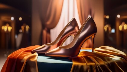 Elegant bronze high heels on satin fabric. Luxurious and sophisticated footwear.