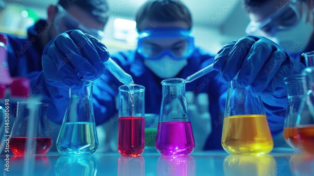 Aufkleber scientists conducting experiments with colorful liquids in lab