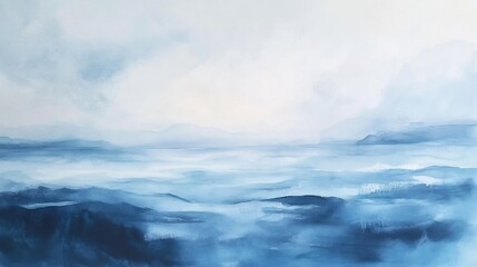 Serene abstract landscape painting in shades of blue, depicting a misty mountain range and vast expanse of sky.