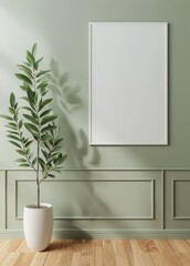 Mockup of a white frame on a green wall with a potted plant in a white pot on a wood floor