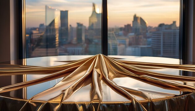 Golden fabric drapes elegantly on a table, overlooking a stunning cityscape at sunset.