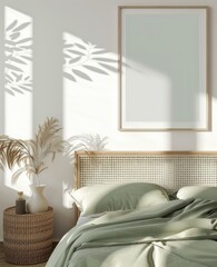 A minimalist bedroom interior with a green bed. a wicker nightstand with a vase. and a framed poster on the wall Sunlight streams in through the window. casting shadows on the wall
