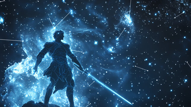 Star constellation, perseus, the hero with a sword represents the greek hero who saved andromeda, immortalized in the stars. Constellation. Illustration