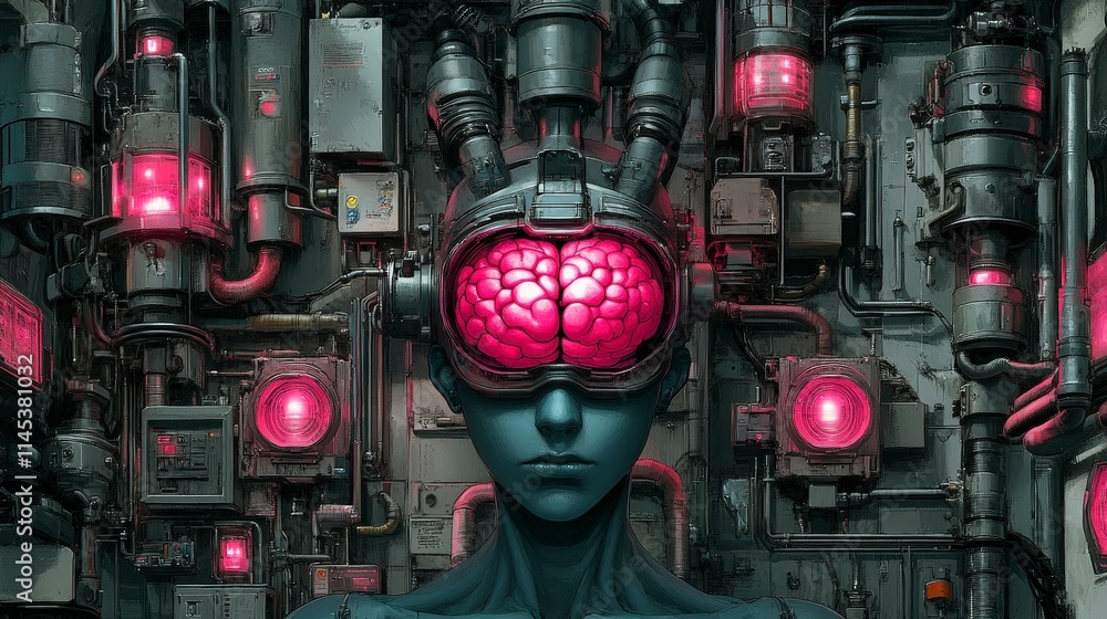 Poster a cyborg with a visible brain connected to a complex network of machinery and glowing pink lights in