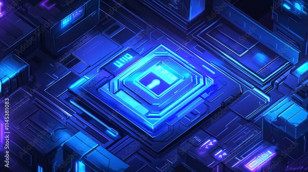 Poster a futuristic microchip glows with vibrant blue and purple hues. intricate circuitry surrounds a cent