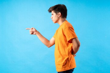 Young person expressing various emotions and body pains, pointing, using a cellphone, with colored...