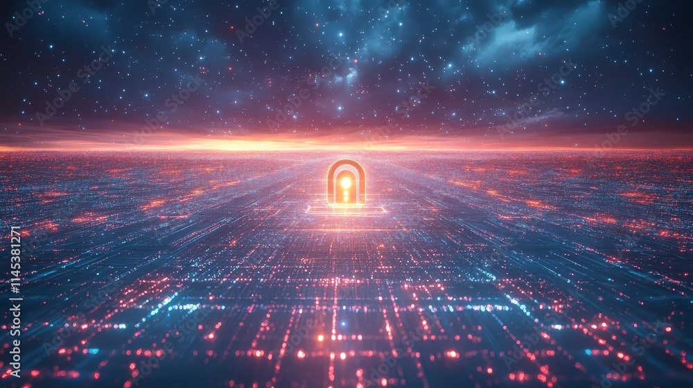 Poster a glowing padlock icon hovers above a futuristic landscape of interconnected lines and points agains