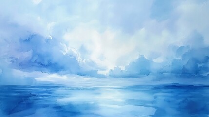 Serene seascape with blue sky and clouds reflecting on calm water.