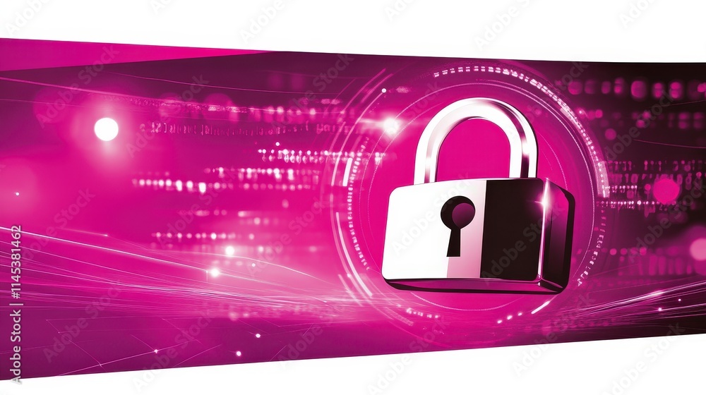 Poster a shiny metallic padlock floats against a vibrant pink digital backdrop with data streams and code f