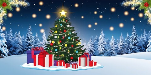 Obraz premium Christmas Tree On Snow At Night With Shiny Star And Gift Boxes In Winter Forest - Winter Abstract Landscape