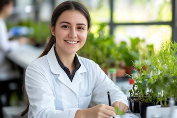 Fototapeta na wymiar Confident female environmental scientist smiling at workspace with plant samples and laboratory equipment