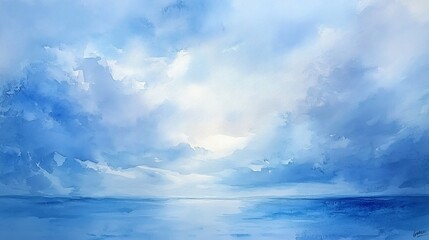 Obraz premium Serene seascape with soft blue watercolor clouds and calm ocean.