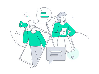 Virtual characters social communication concept business flat vector hand drawn illustration
