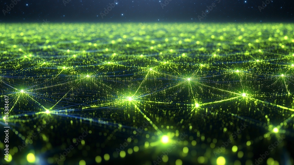 Poster a futuristic green digital network visualization with interconnected nodes and glowing lines spreadi