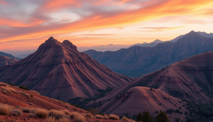 Naklejka premium Sunset Hues Over Rolling Mountain Ranges