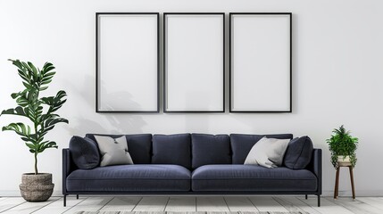 A modern living room with a blue sofa. three blank frames. and plants