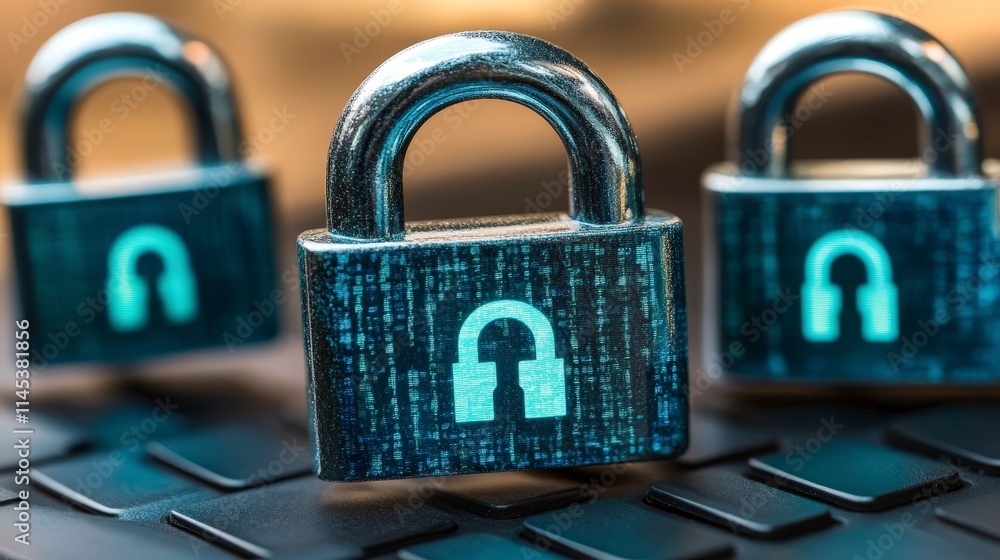 Poster three digital padlocks hover above a keyboard. the center lock features binary code, symbolizing cyb
