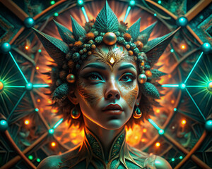 Futuristic goddess with nature crown and radiant technology symbolism – Diosa futurista con corona natural y simbolismo tecnológico radiante