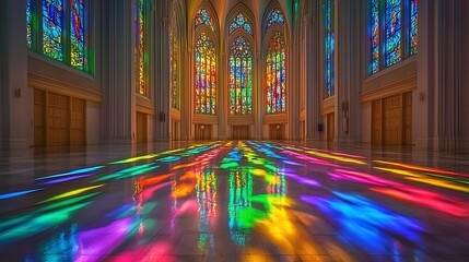 Obraz premium Colorful stained glass church interior reflecting vibrant light on the floor.