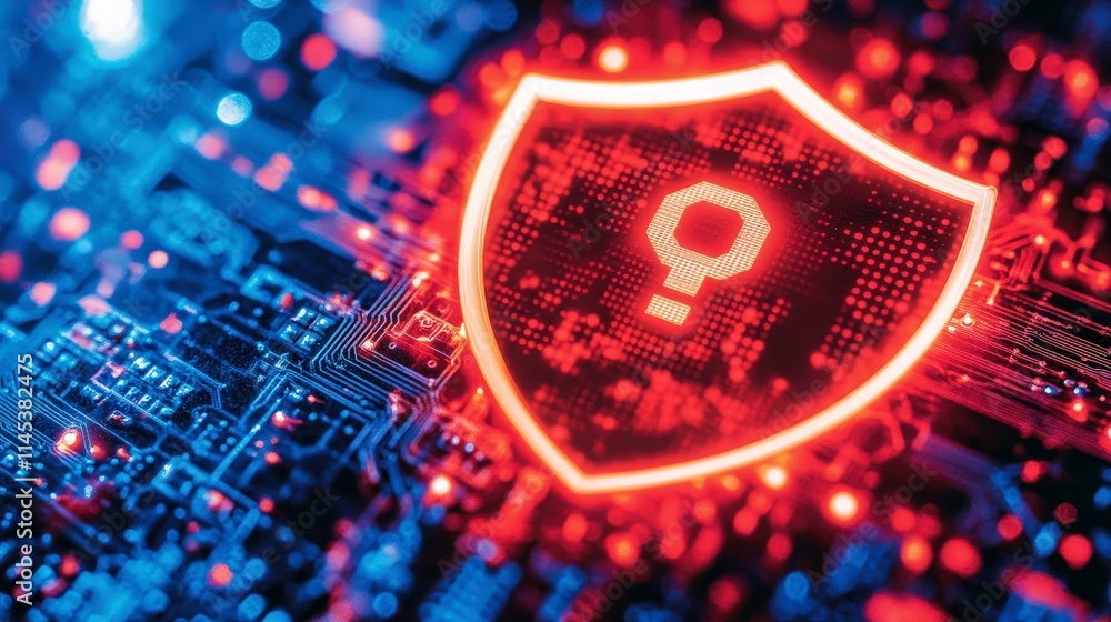 Aufkleber a red glowing shield with a question mark symbolizes cybersecurity uncertainty and the need for robu