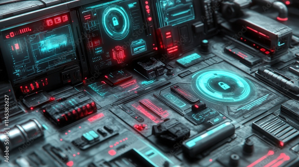 Poster close-up of a futuristic control panel with glowing displays and security indicators. the panel feat