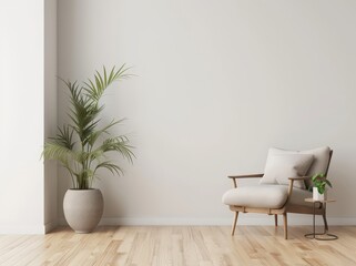 A comfortable armchair with a throw pillow and a side table with a potted plant sits in front of a blank white wall with a large potted plant in the corner of the room