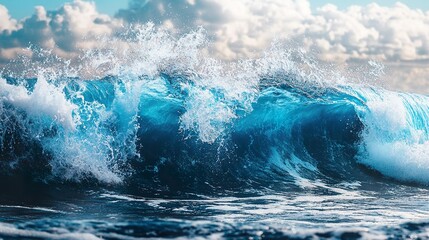 Powerful ocean wave crashing, vibrant blue water, white foam, dramatic sky.
