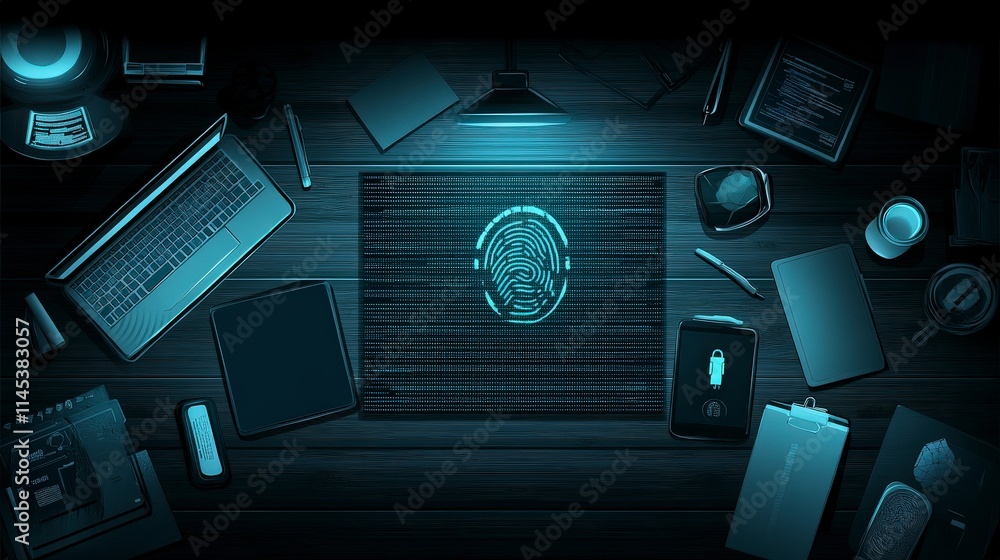 Poster a futuristic workspace at night with a glowing fingerprint on a digital display signifying biometric