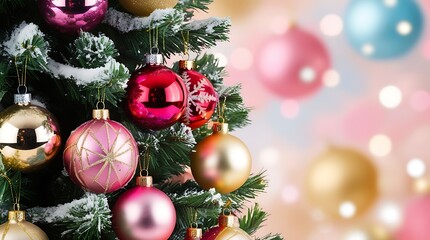 Christmas Tree - Golden Ornament Hanging Fir Branches With Bokeh Lights In Glittering Background