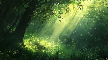 Obraz premium Soft beams of sunlight penetrate the thick canopy above, lighting up the green leaves and creating a peaceful, nature-filled scene in a quiet forest 