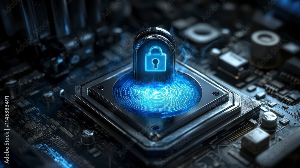 Aufkleber a metallic padlock hovers over a glowing blue circuit board radiating data streams. this symbolizes 