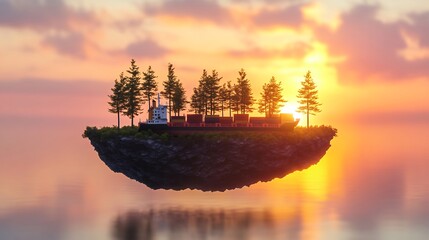 Fototapeta premium Sunset over a floating island with a cargo ship and pine trees.