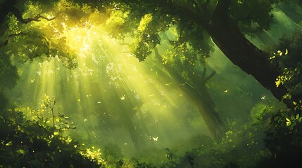 Obraz premium The forest comes to life with the glow of morning light, filtering through the lush green canopy and casting delicate patterns across the earth below 